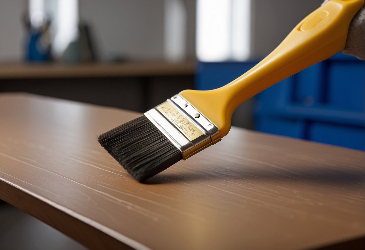 A paintbrush applies primer to a smooth, clean laminate surface. Sandpaper roughens the area for better adhesion. Paint is brushed on in smooth, even strokes