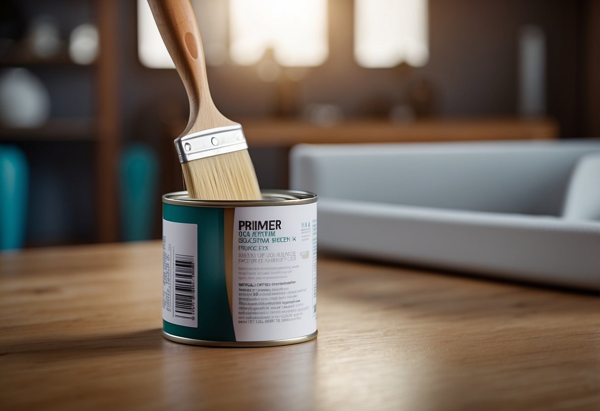 A can of primer and a paintbrush sit next to a clean and sanded laminate furniture piece