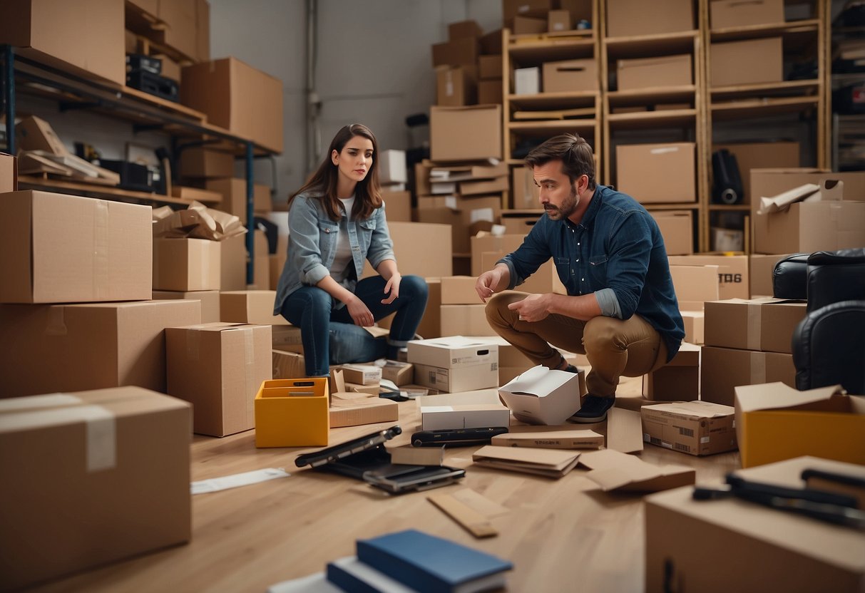 A room filled with various IKEA furniture pieces, with open boxes, assembly tools, and instruction manuals scattered around. An expression of frustration on a person's face as they attempt to put together the furniture