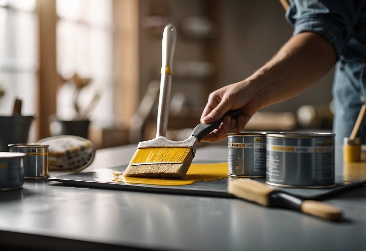 A hand holding a paintbrush applies a smooth coat of paint to a sleek, laminate surface. The furniture stands in a well-lit, airy room, with a table covered in paint cans and brushes nearby