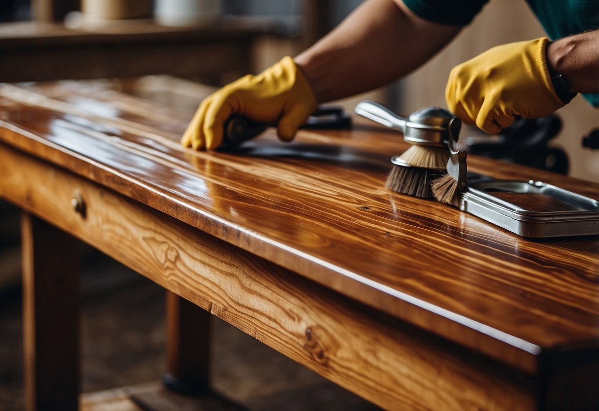 A table being coated with varnish, a can of wood stain, and a brush on a workbench
