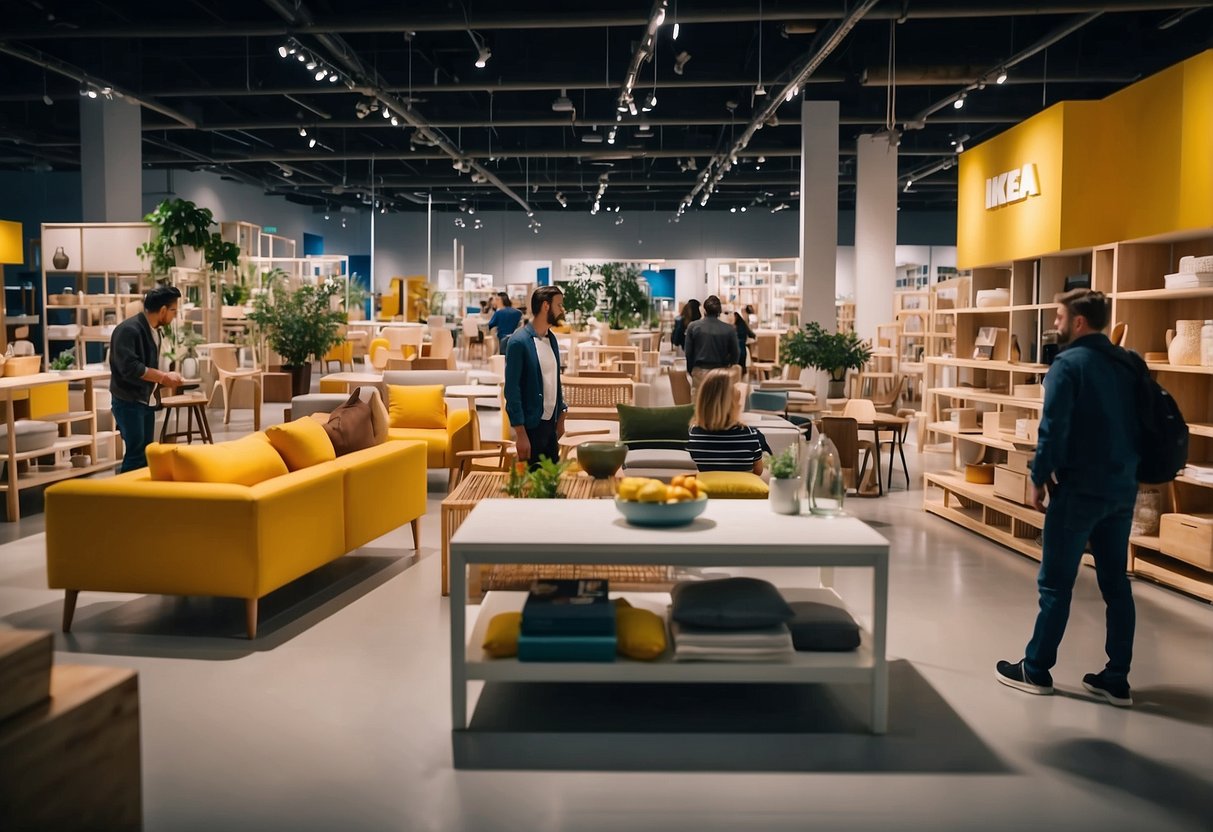 Customers browse colorful furniture displays in Ikea showroom