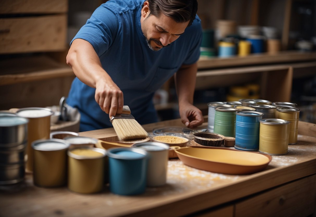 A person painting a laminate dresser with a roller and brush, surrounded by paint cans and sandpaper