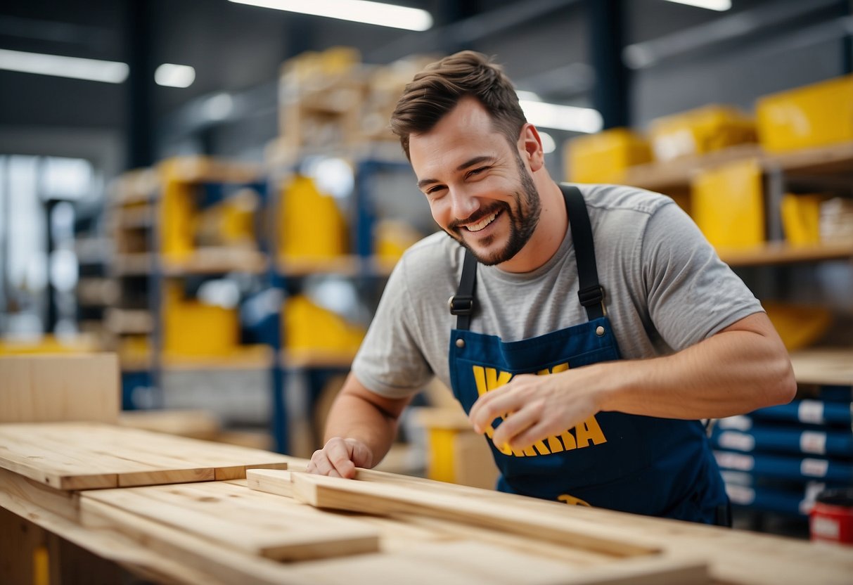 A customer assembles Ikea furniture with ease, smiling in satisfaction
