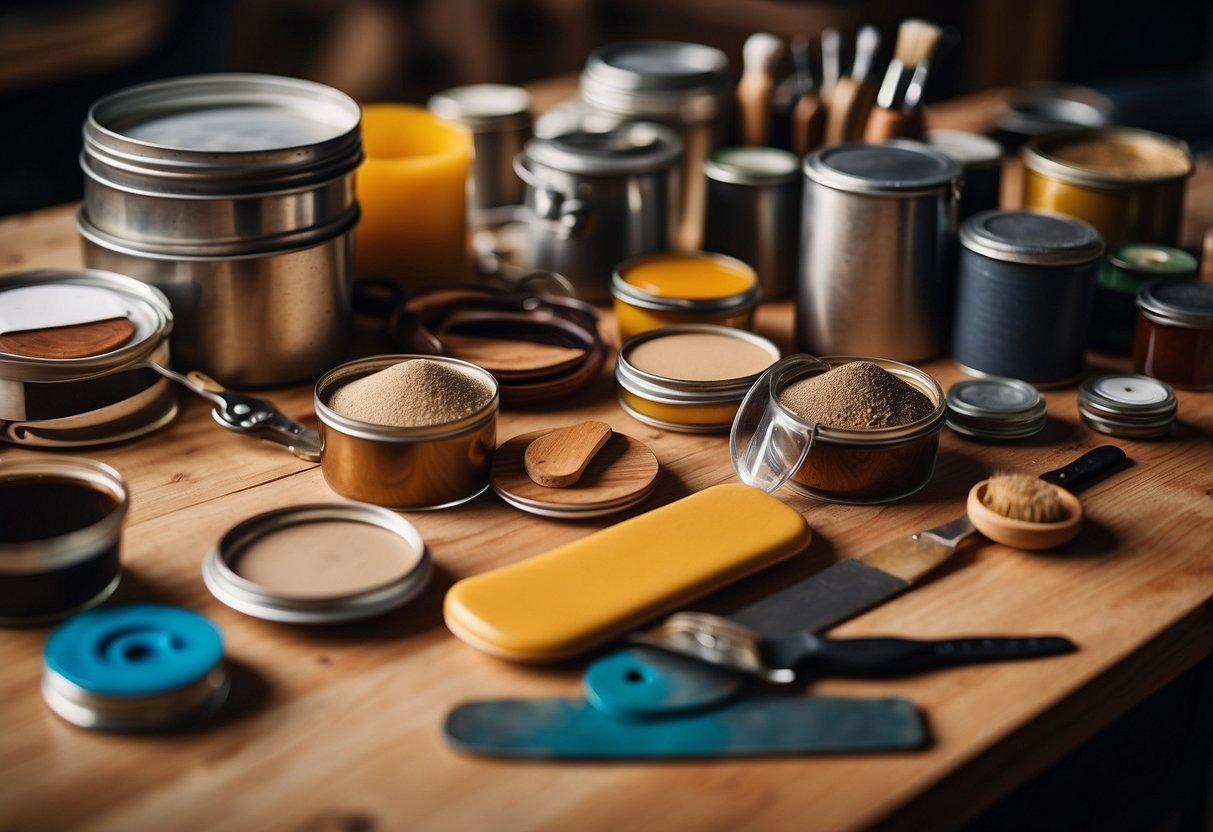 A table cluttered with various furniture refinishing products and tools, including sandpaper, paintbrushes, wood stain, and varnish cans