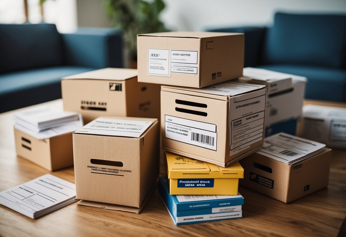 A stack of IKEA furniture boxes with "Frequently Asked Questions" printed on them, surrounded by scattered review cards and a customer satisfaction survey