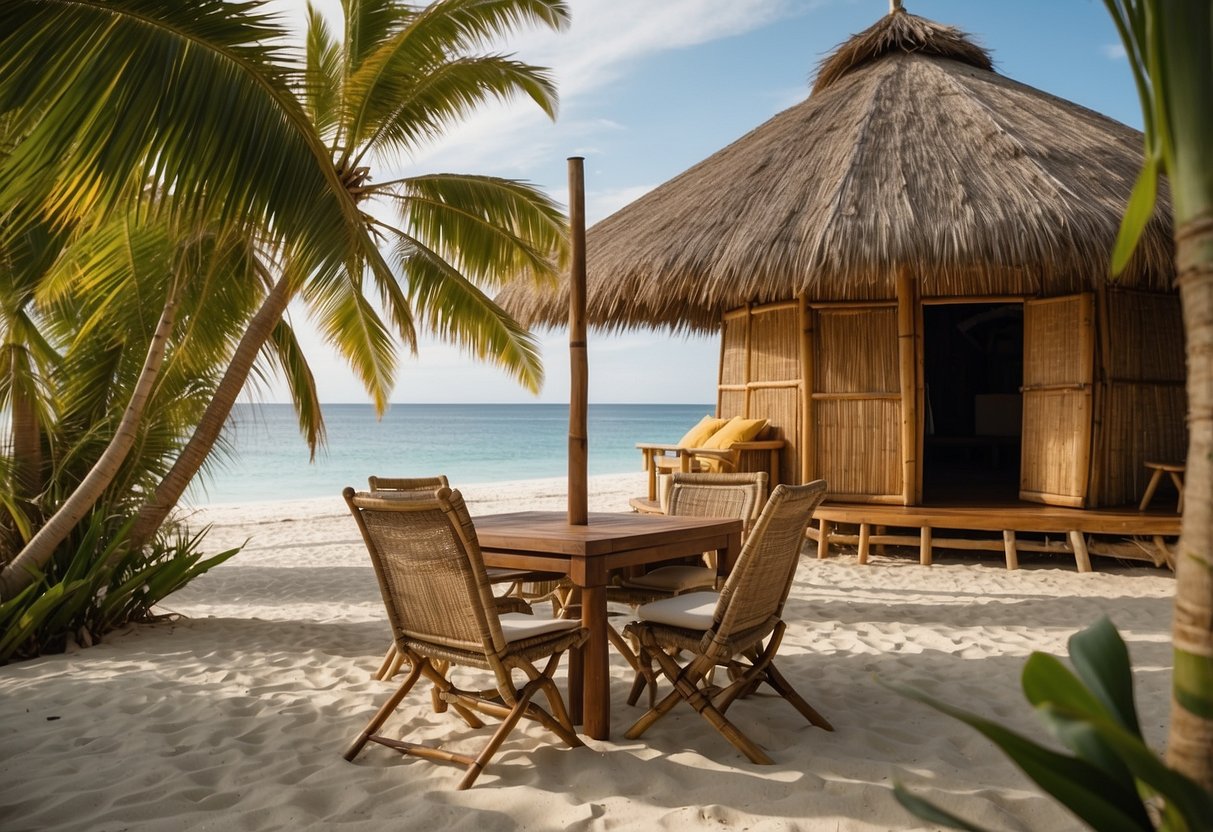 A palm leaf thatched hut with bamboo chairs and a wooden table on a white sand beach