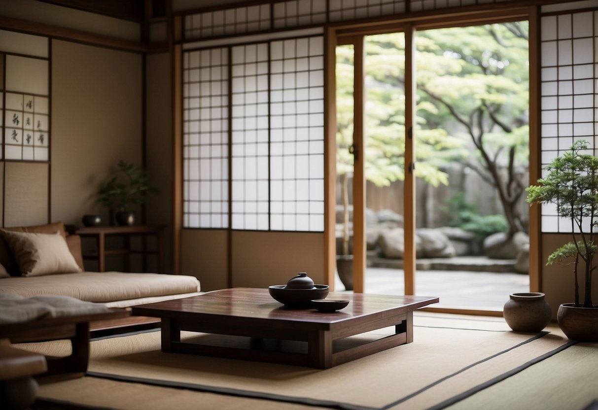 A serene Japanese room with minimalistic wood furniture and sliding shoji screens