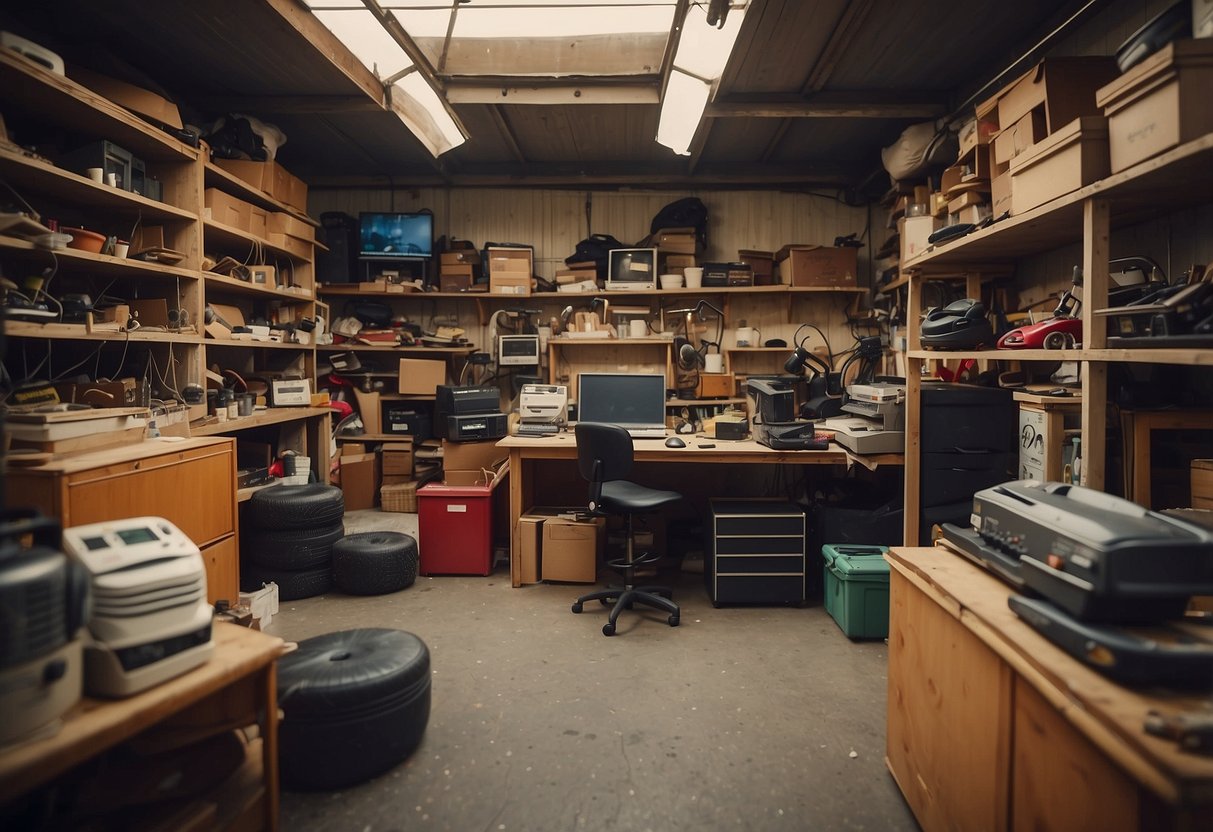 A cluttered garage with shelves of used furniture, a sign reading "Second-Hand Furniture Sale" and customers browsing the items