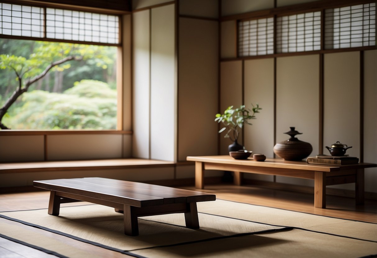 A serene Japanese room with minimalistic wooden furniture, clean lines, and natural materials. The sunlight filters through shoji screens, casting soft shadows on the tatami mats