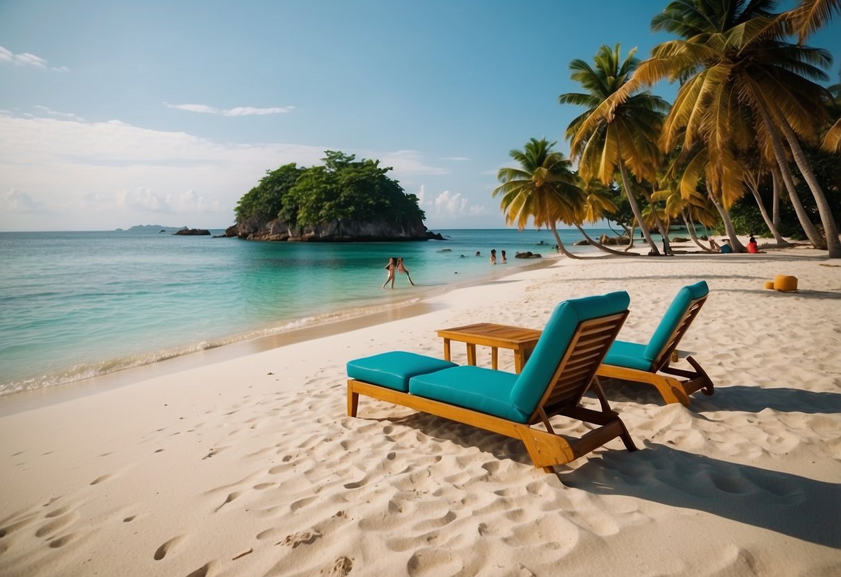 A lush tropical island with palm trees, white sandy beaches, and colorful furniture scattered throughout