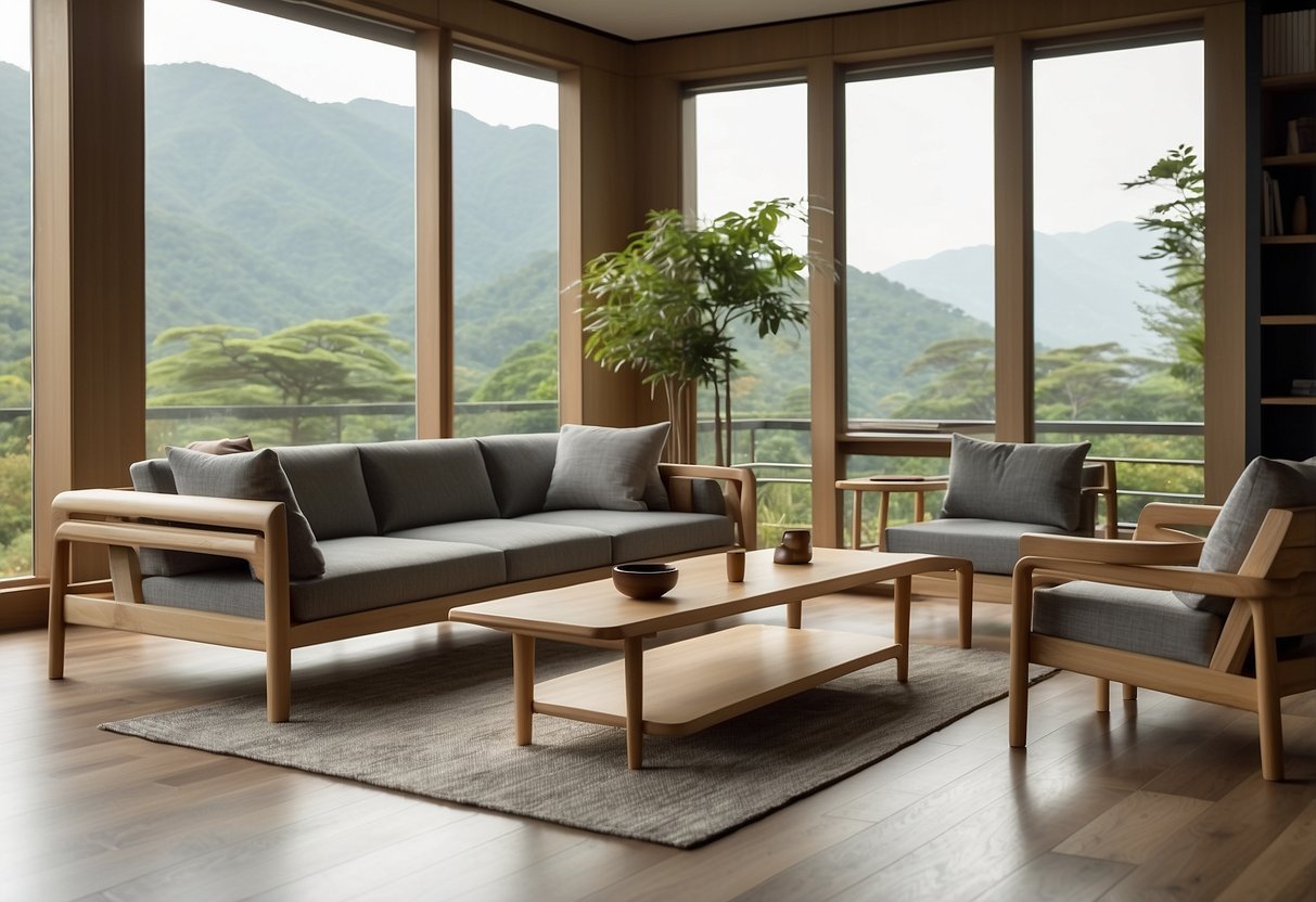 A minimalist Japanese wood furniture set in a modern living room, featuring clean lines, natural wood tones, and simple yet elegant design