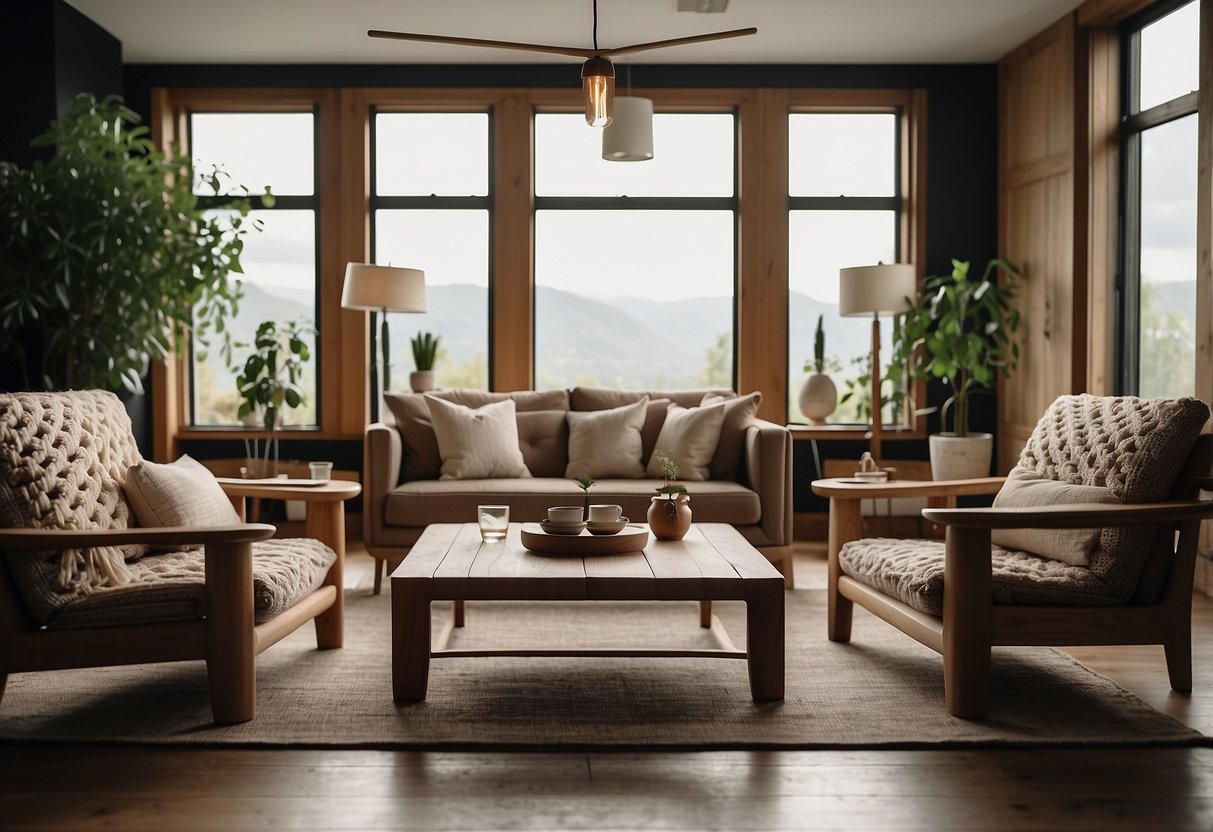 A cozy living room with a wooden table and chairs, featuring intricately knotted details in the furniture design