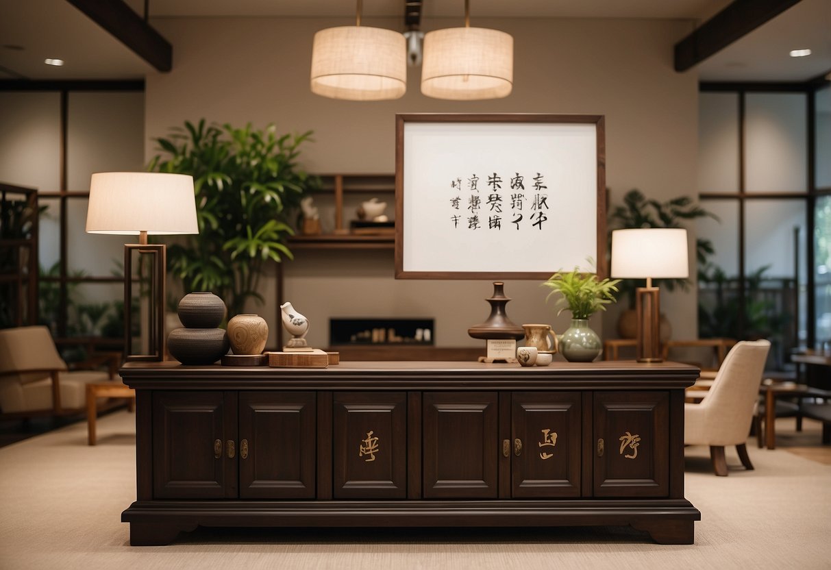 A serene Japanese wood furniture showroom with neatly arranged pieces and a sign reading "Frequently Asked Questions" in elegant calligraphy