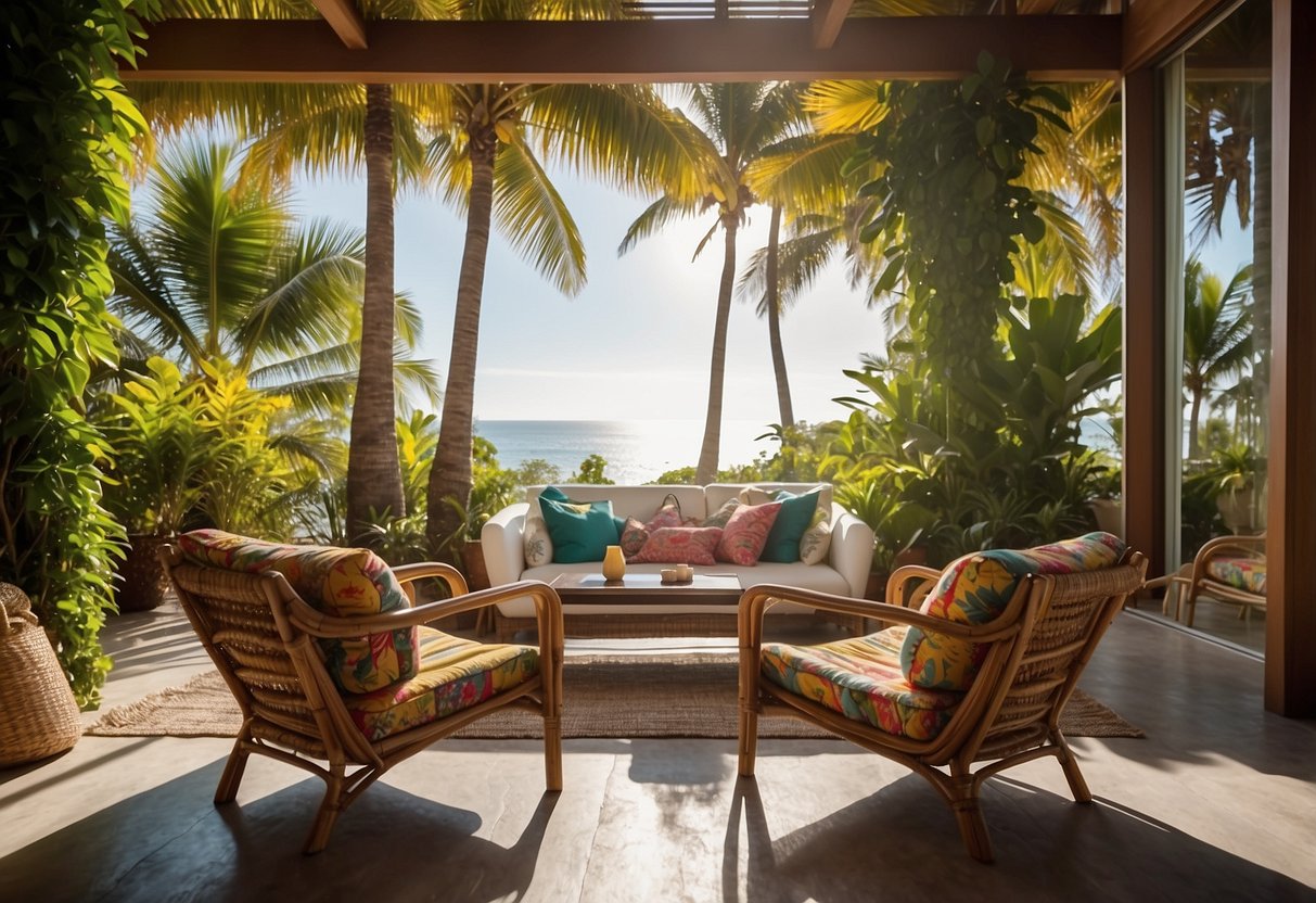 A cozy beachfront patio with rattan chairs, a wooden table, and a hammock strung between two palm trees. The furniture is adorned with colorful cushions and surrounded by lush tropical plants