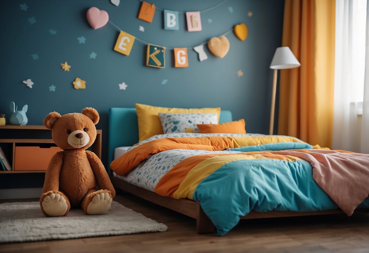 A colorful kids bed with a matching nightstand and lamp. Toys scattered on the floor. Bright, playful bedding with a teddy bear
