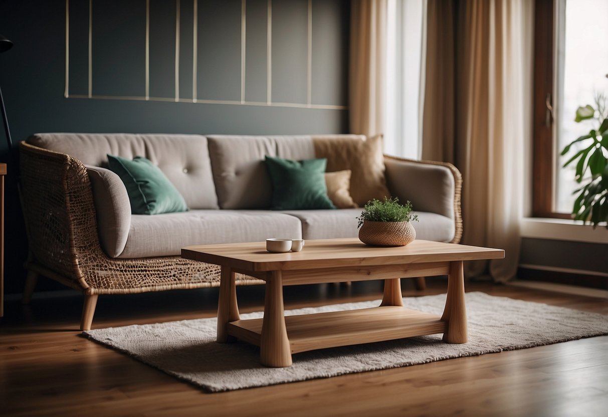 A cozy living room with a modern sofa, wooden coffee table, and a stylish armchair, all made from intricately knotted wood