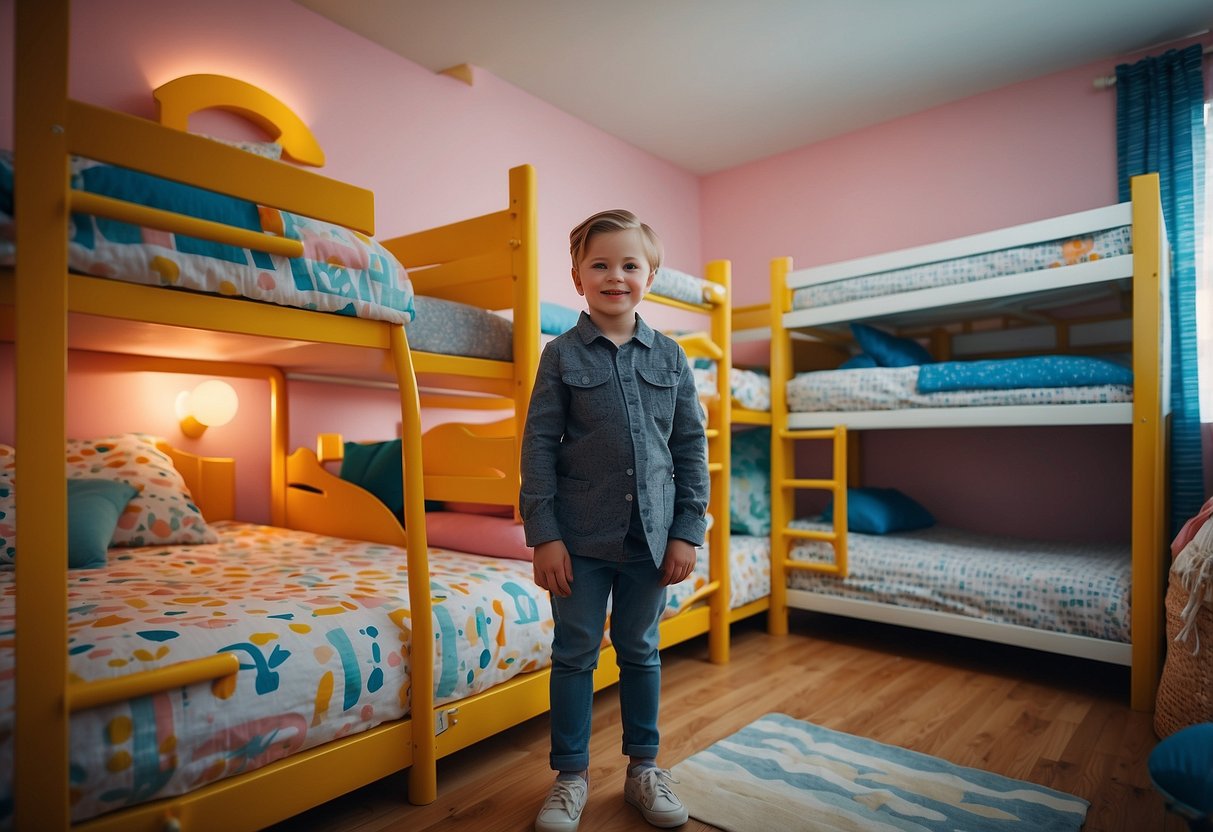 A child stands in a spacious bedroom surrounded by various bed furniture options, including bunk beds, loft beds, and themed beds with colorful bedding and fun designs