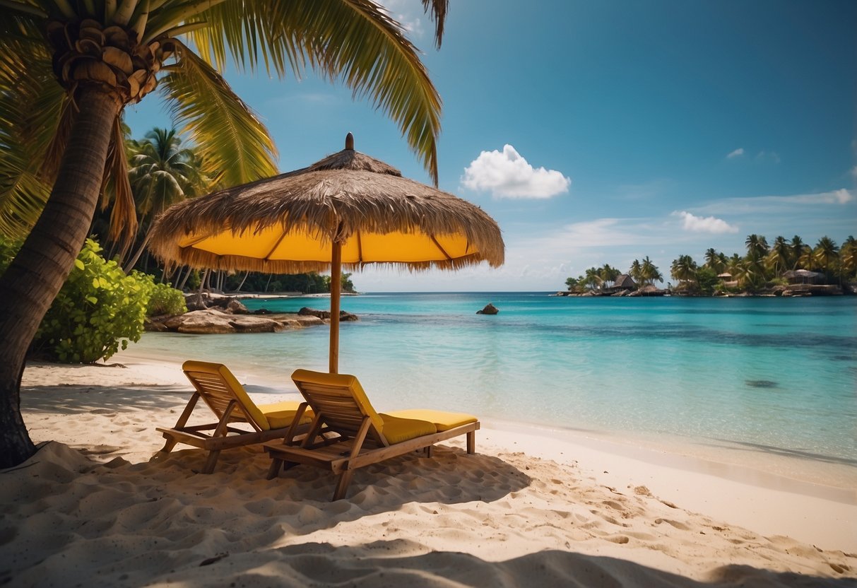 A tropical island with colorful furniture scattered along the sandy beach, surrounded by palm trees and clear blue waters