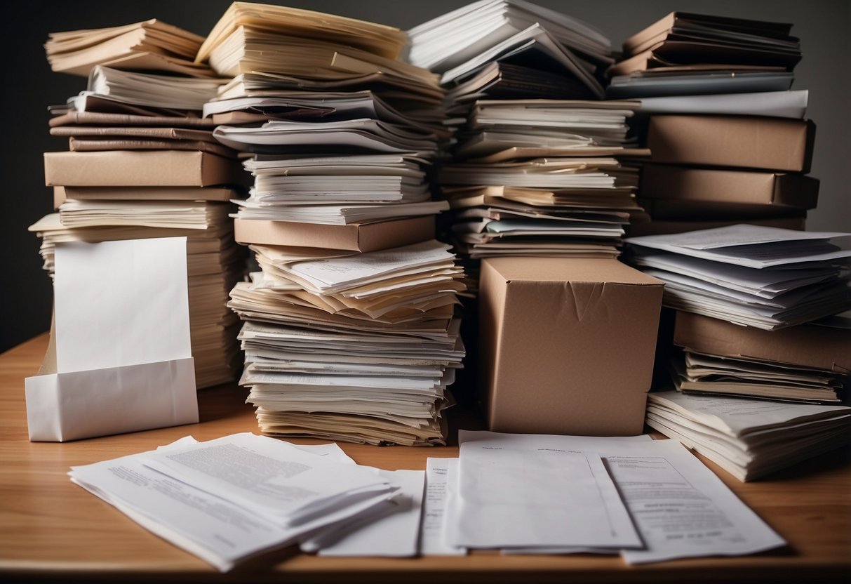A pile of furniture pieces with visible knots, surrounded by a stack of FAQ sheets