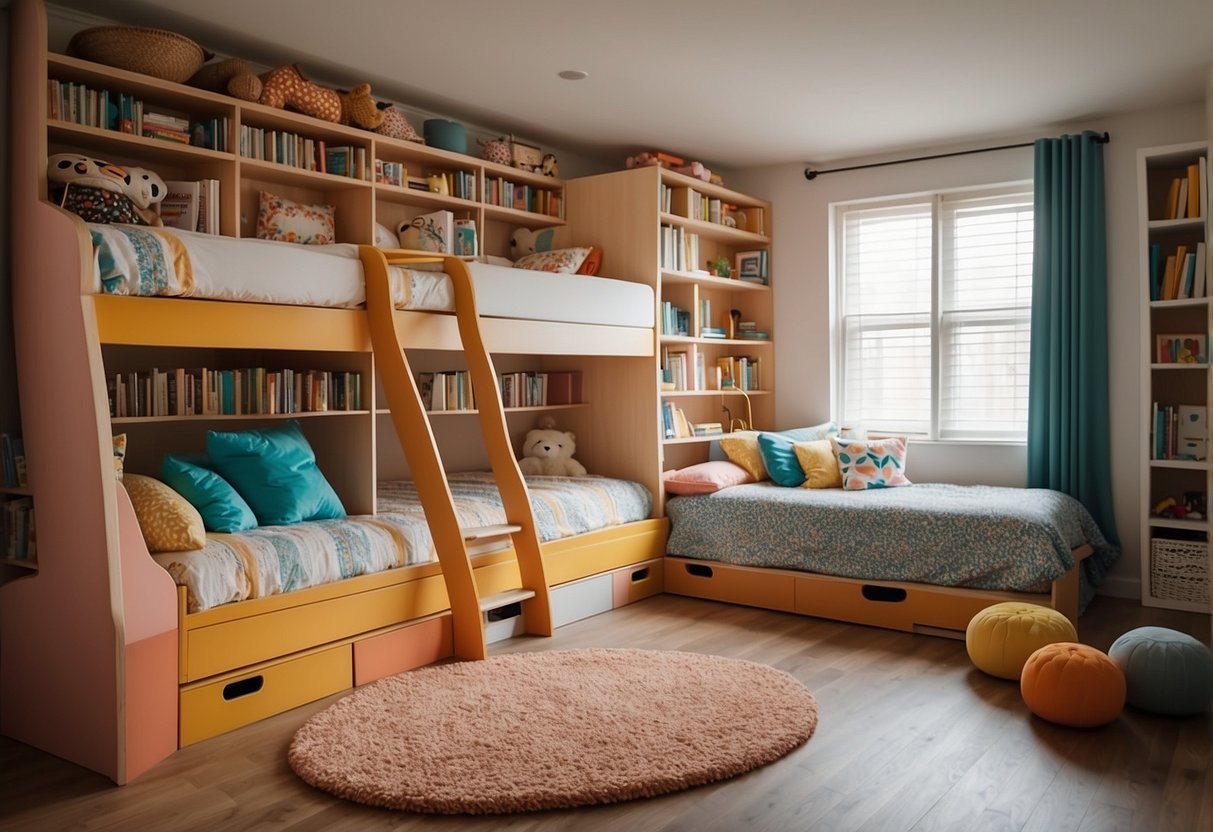 A colorful kids' bed with built-in bookshelves, a slide, and a hidden play area underneath. Bright, playful decor and soft, cozy bedding complete the scene