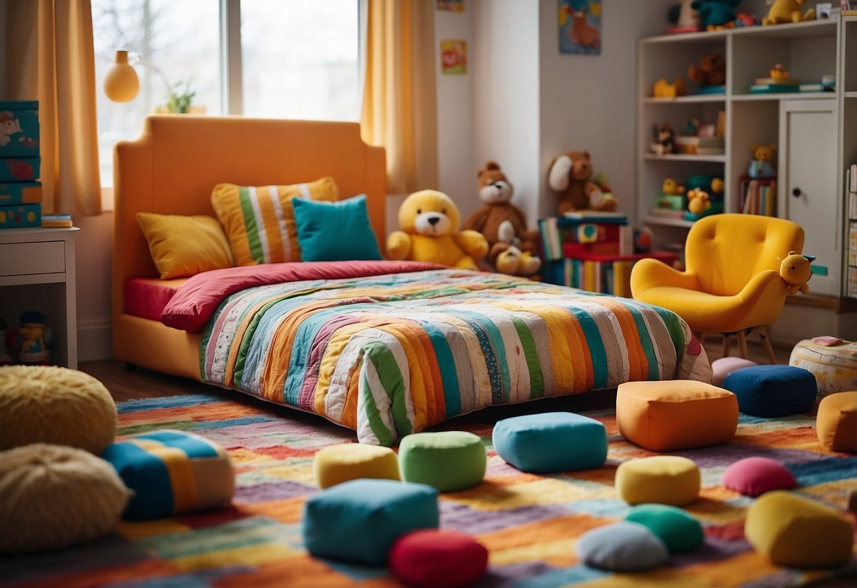 A colorful kids' bed surrounded by playful furniture, with a stack of books and toys nearby