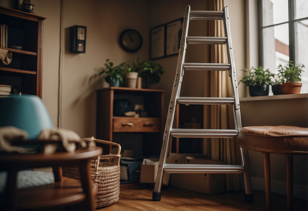 A ladder leans against a stack of furniture in a cluttered room