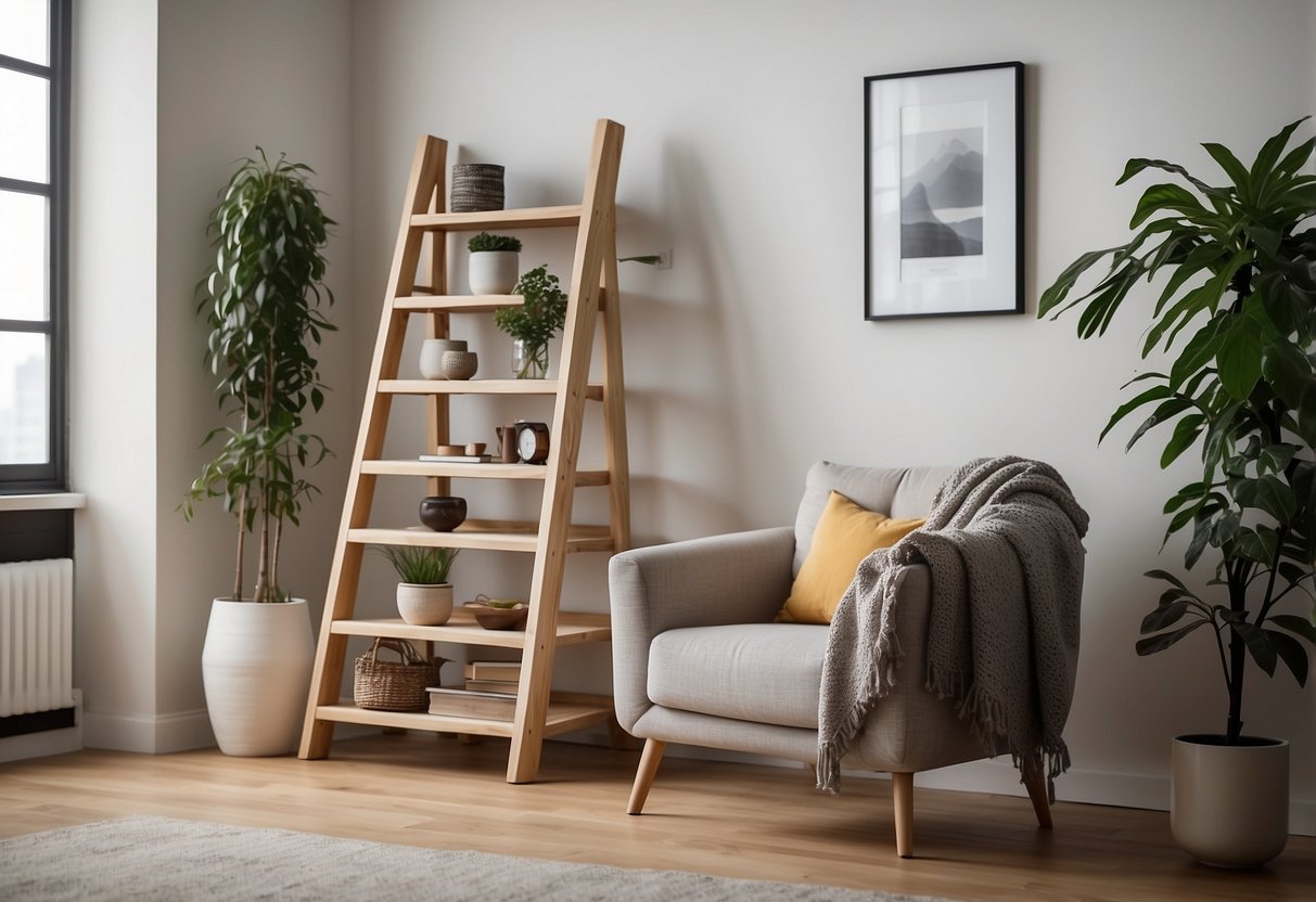 A ladder furniture stand stands tall in a spacious, well-lit room, showcasing its sleek and modern design