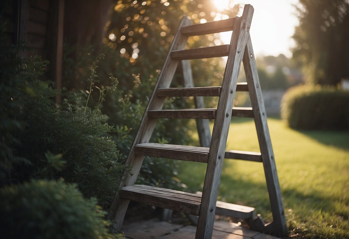 A ladder leaning against furniture, with a stand nearby