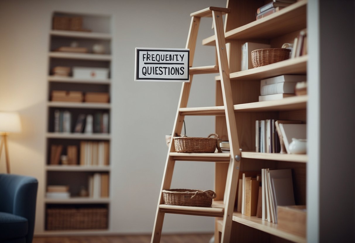 A ladder-shaped piece of furniture stands prominently, with a "Frequently Asked Questions" sign displayed on its shelves