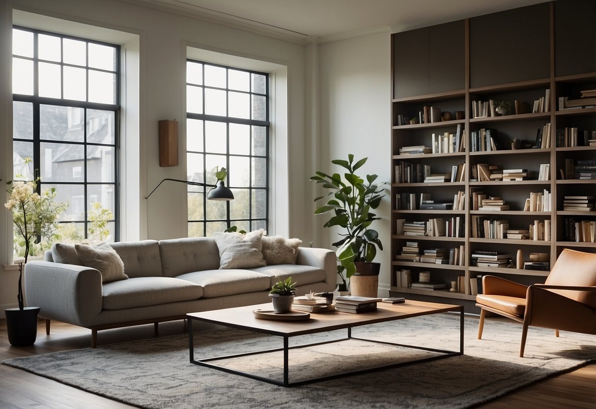A modern living room with a sleek sofa, a coffee table, and a bookshelf filled with books. A large window lets in natural light, and a rug ties the room together