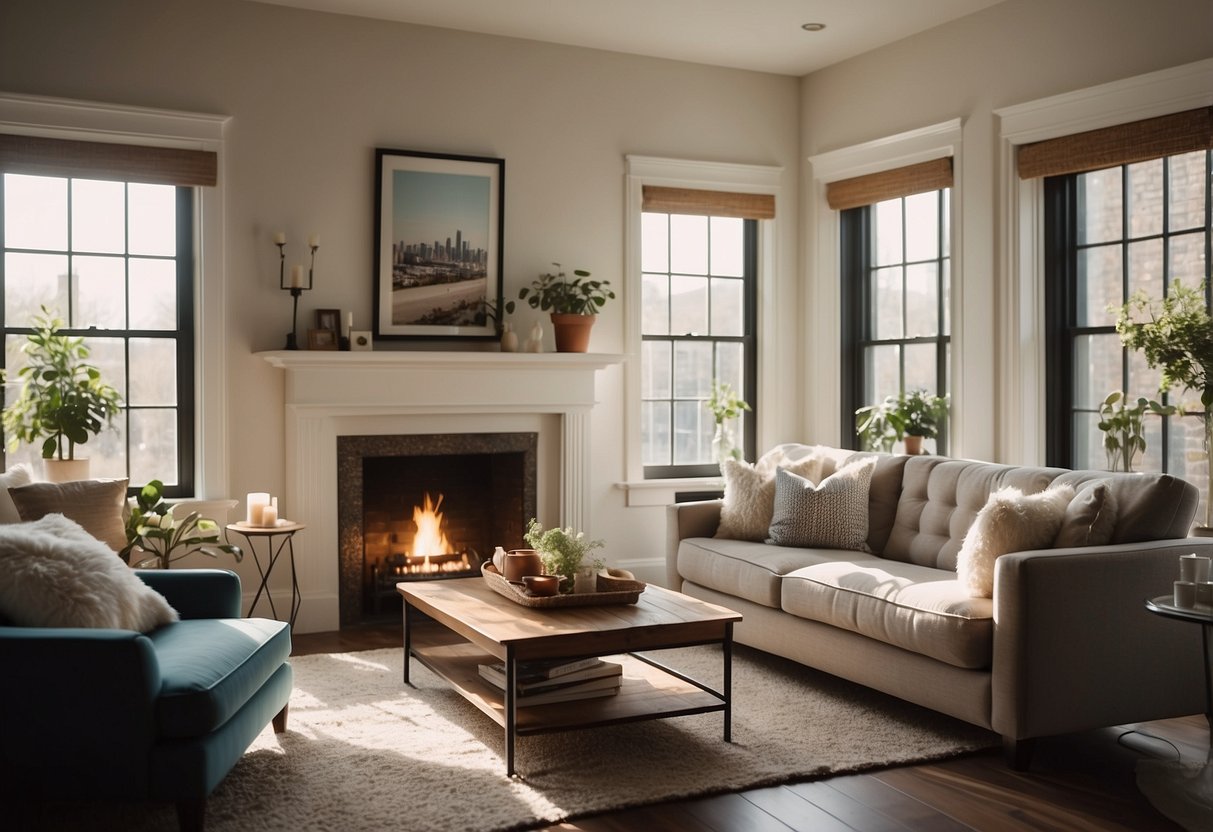 A cozy living room with a comfortable sofa, stylish coffee table, and elegant armchairs arranged around a warm fireplace. Bright sunlight streams in through large windows, illuminating the room's inviting atmosphere