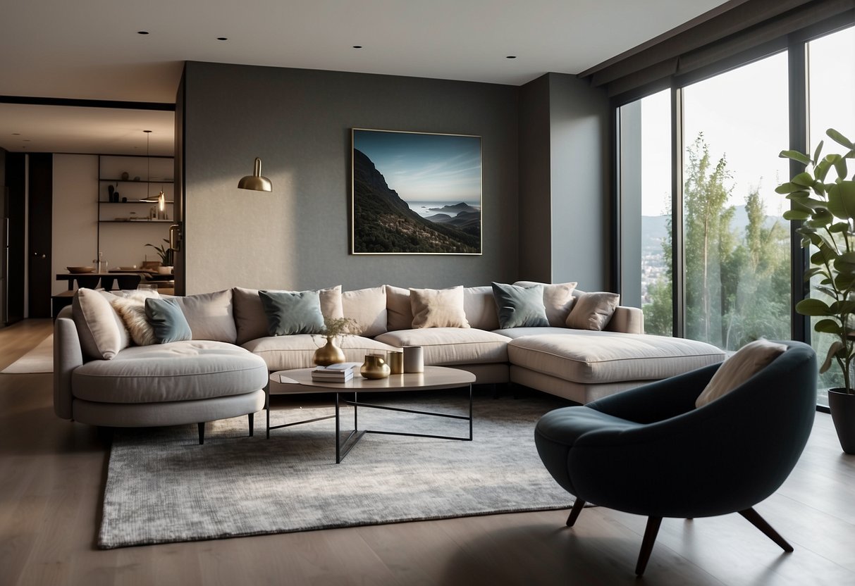 A spacious living room with sleek, modern furniture arranged for maximum space efficiency. Online shopping website displayed on a laptop