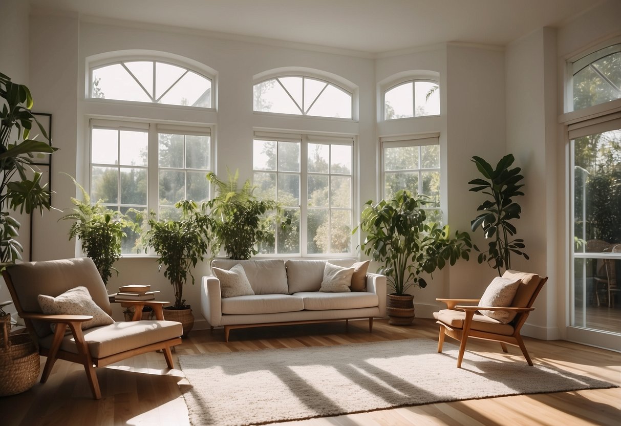 A cozy living room with a modern sofa, coffee table, and bookshelf. A laptop and plants are scattered around. Bright natural light streams in through the window