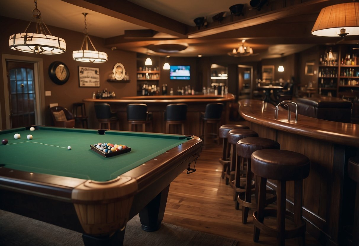 A leather recliner sits next to a wooden bar with stools. A pool table is in the center, surrounded by shelves of sports memorabilia