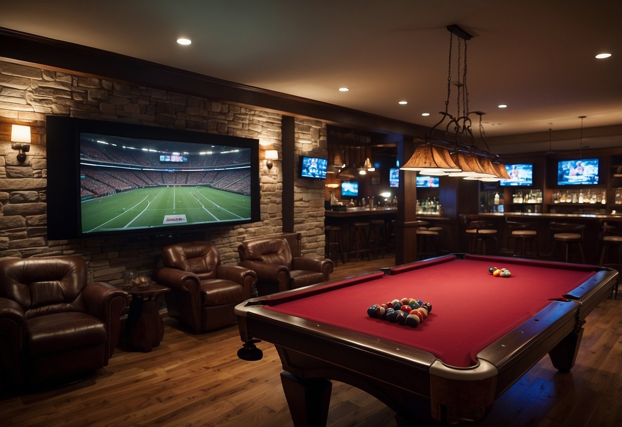A dimly lit room with leather recliners, a large flat-screen TV, and a fully stocked bar. Sports memorabilia adorns the walls, and a pool table sits in the center of the room
