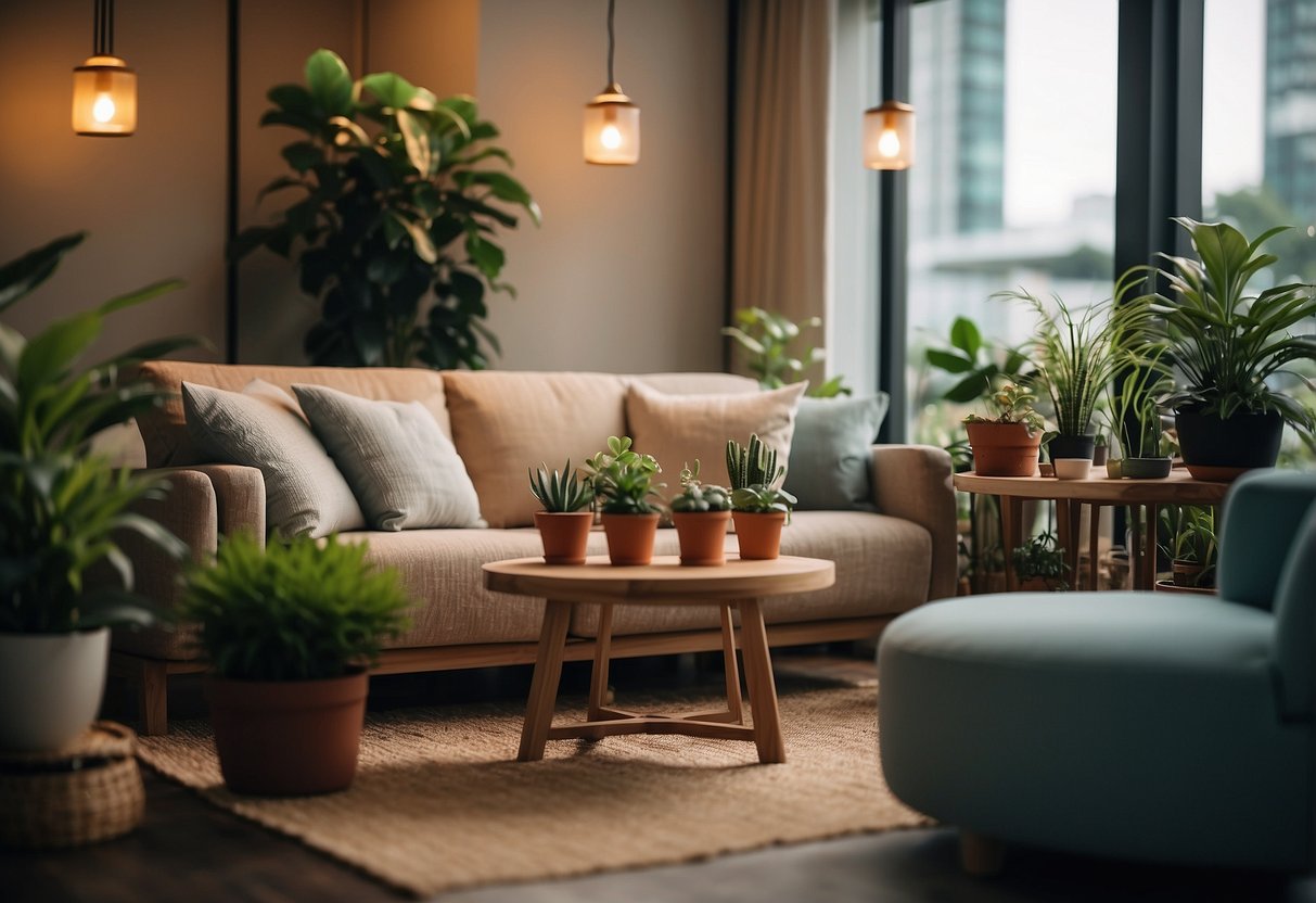 A cozy living room with tiny sofas, chairs, and tables in a Singaporean setting. Miniature plants and decor add charm to the space