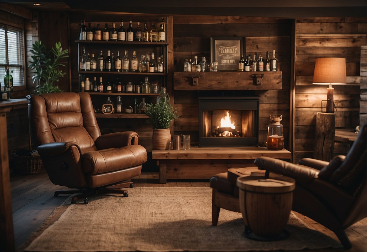 A cozy man cave with a leather recliner, a rustic wooden coffee table, and a vintage bar cart stocked with spirits