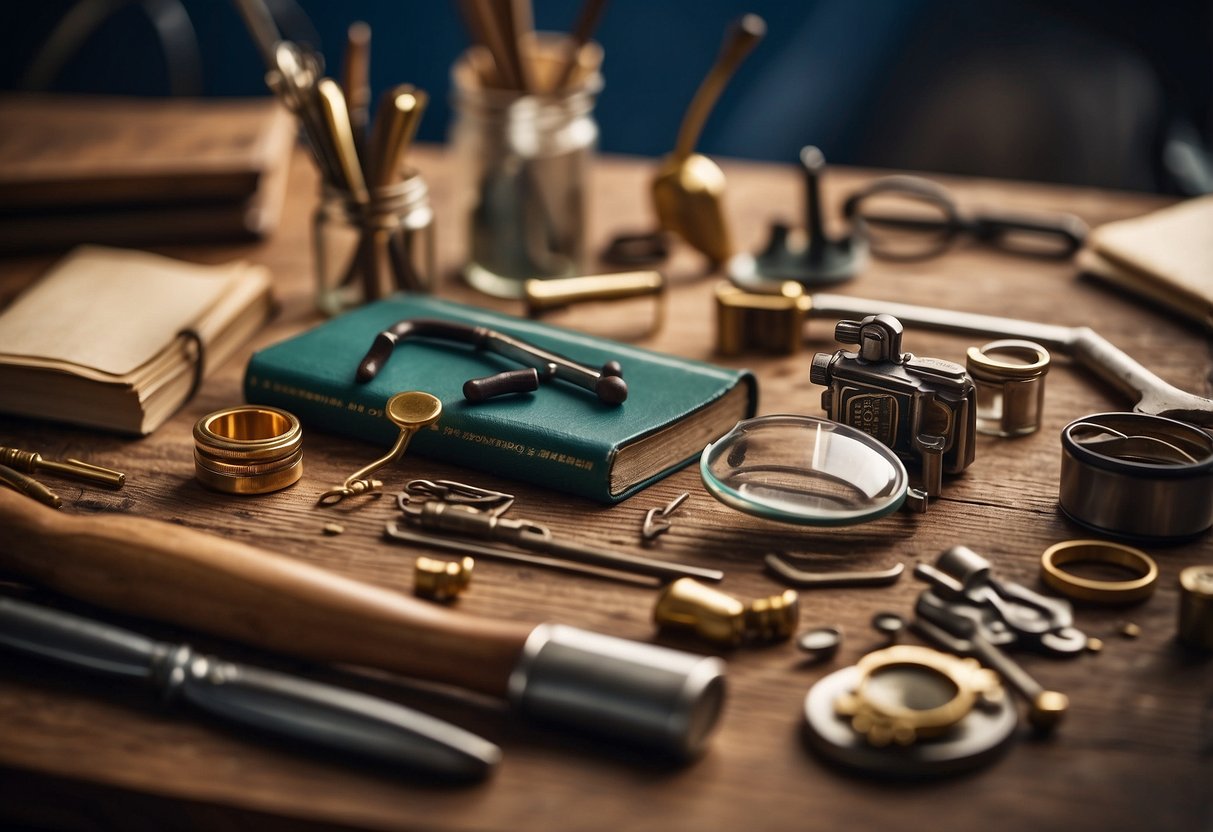 A work table with tiny tools, wood pieces, and paint. A magnifying glass, ruler, and miniature furniture books are scattered around