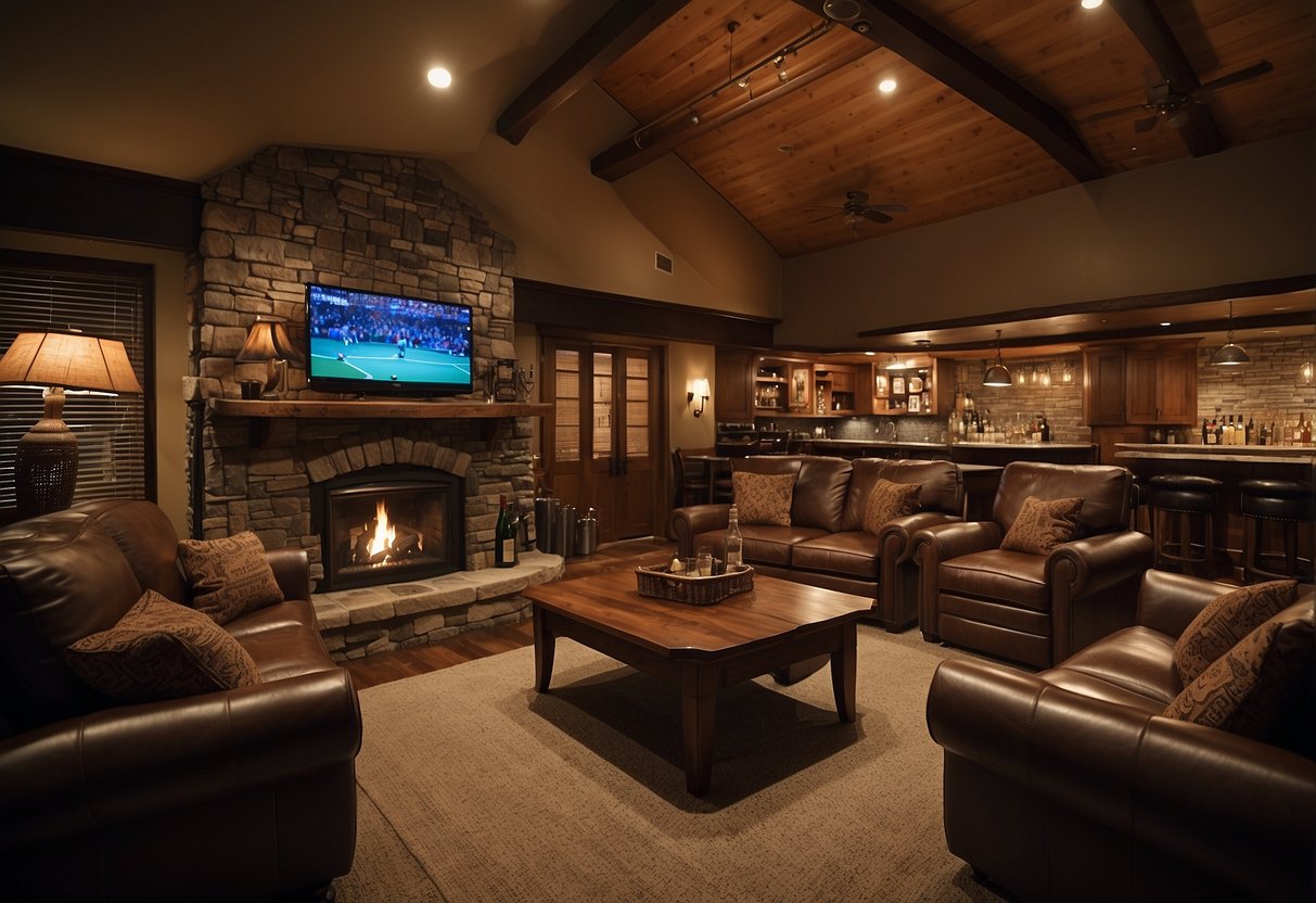 A cozy man cave with leather recliners, a large flat-screen TV, a pool table, and a well-stocked bar. The room is dimly lit with warm, ambient lighting, creating a relaxed and inviting atmosphere