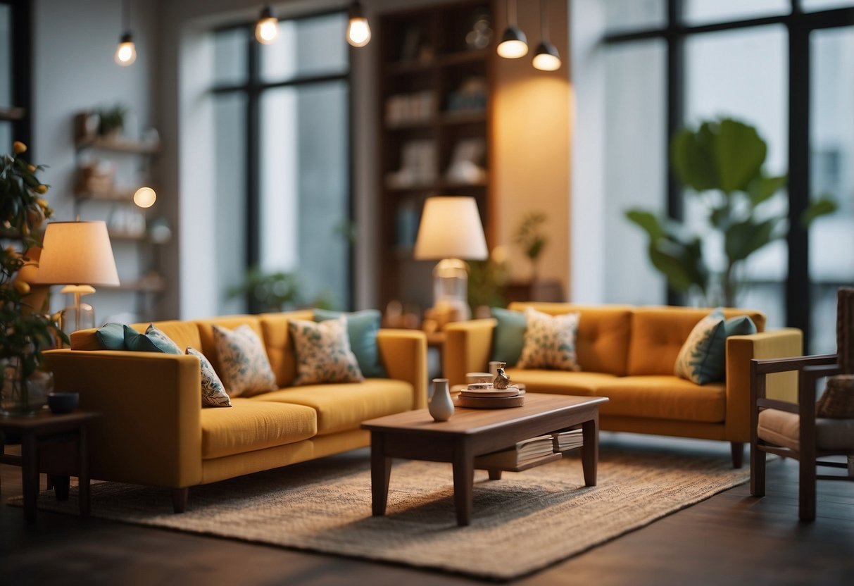 A miniature living room with tiny sofas, tables, and lamps in Singapore-themed colors and designs. A sign with "Frequently Asked Questions" hangs on the wall