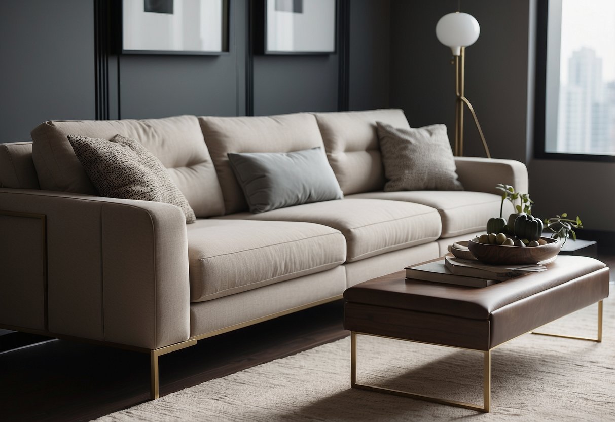 Sleek, minimalist furniture fills the room. Clean lines and neutral colors create a modern, chic atmosphere
