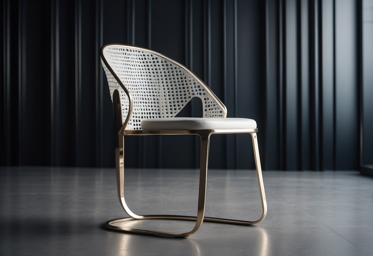 A sleek, minimalist chair with clean lines and a monochromatic color scheme sits against a backdrop of geometric patterns and metallic accents