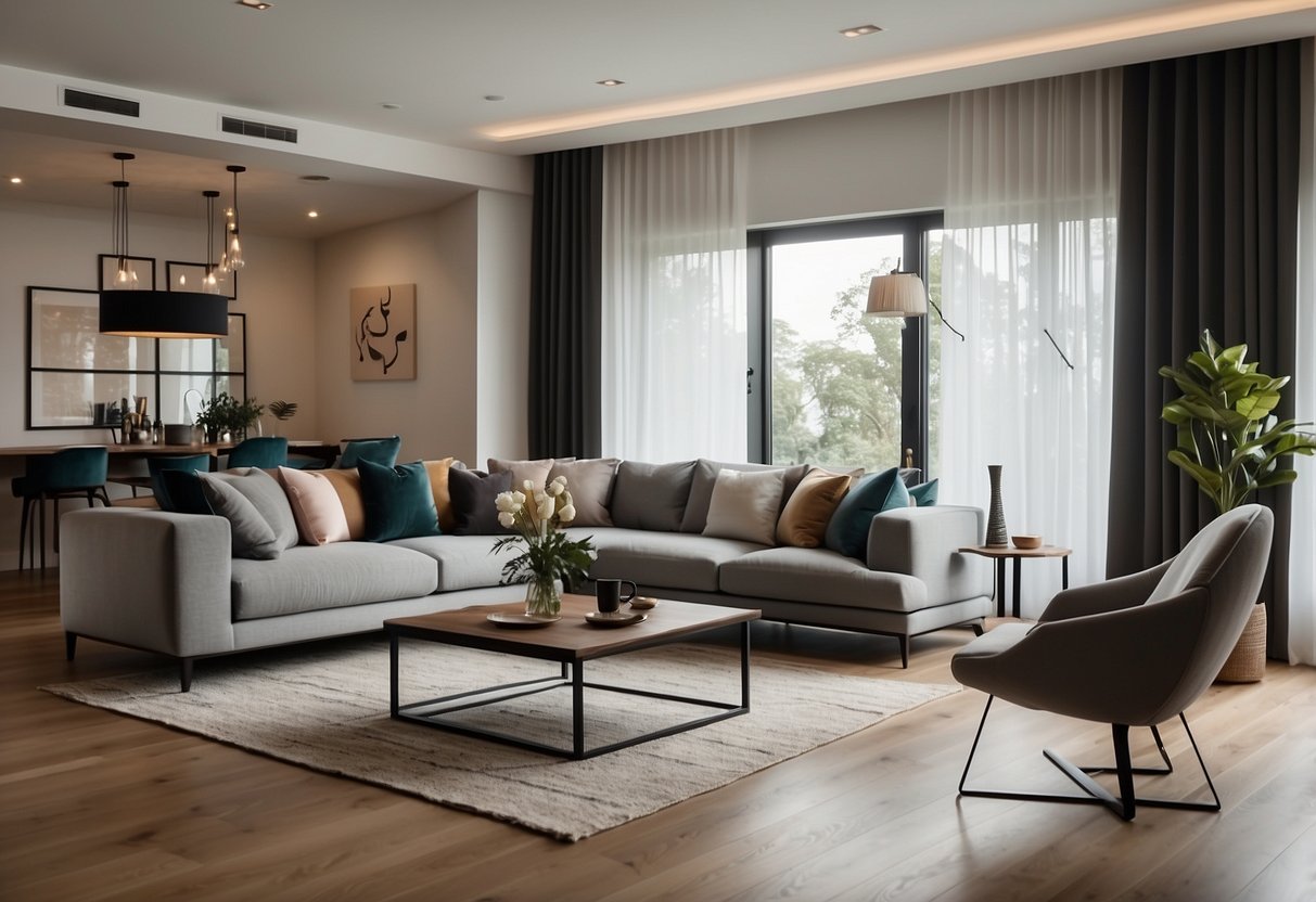 A living room with sleek, modern sofas and coffee tables. A dining area with minimalist chairs and a sleek table. A bedroom with a contemporary bed frame and nightstands