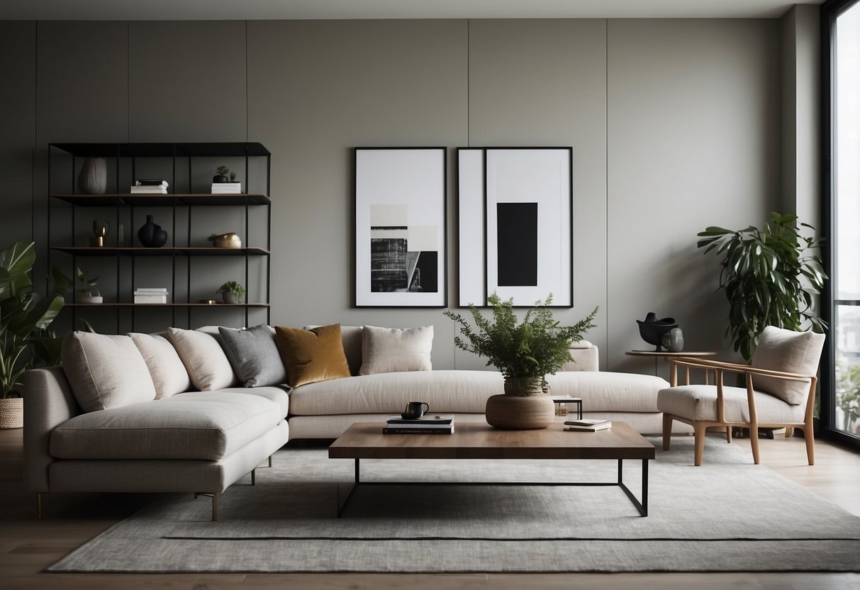 A sleek, minimalist living room with clean lines and neutral colors. A large, comfortable sofa sits opposite a stylish coffee table, surrounded by contemporary chairs and shelves displaying decorative items