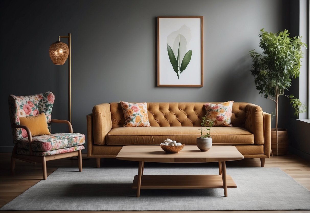 A room with a mix of furniture styles: a sleek modern sofa, a rustic wooden coffee table, and a vintage armchair with floral upholstery