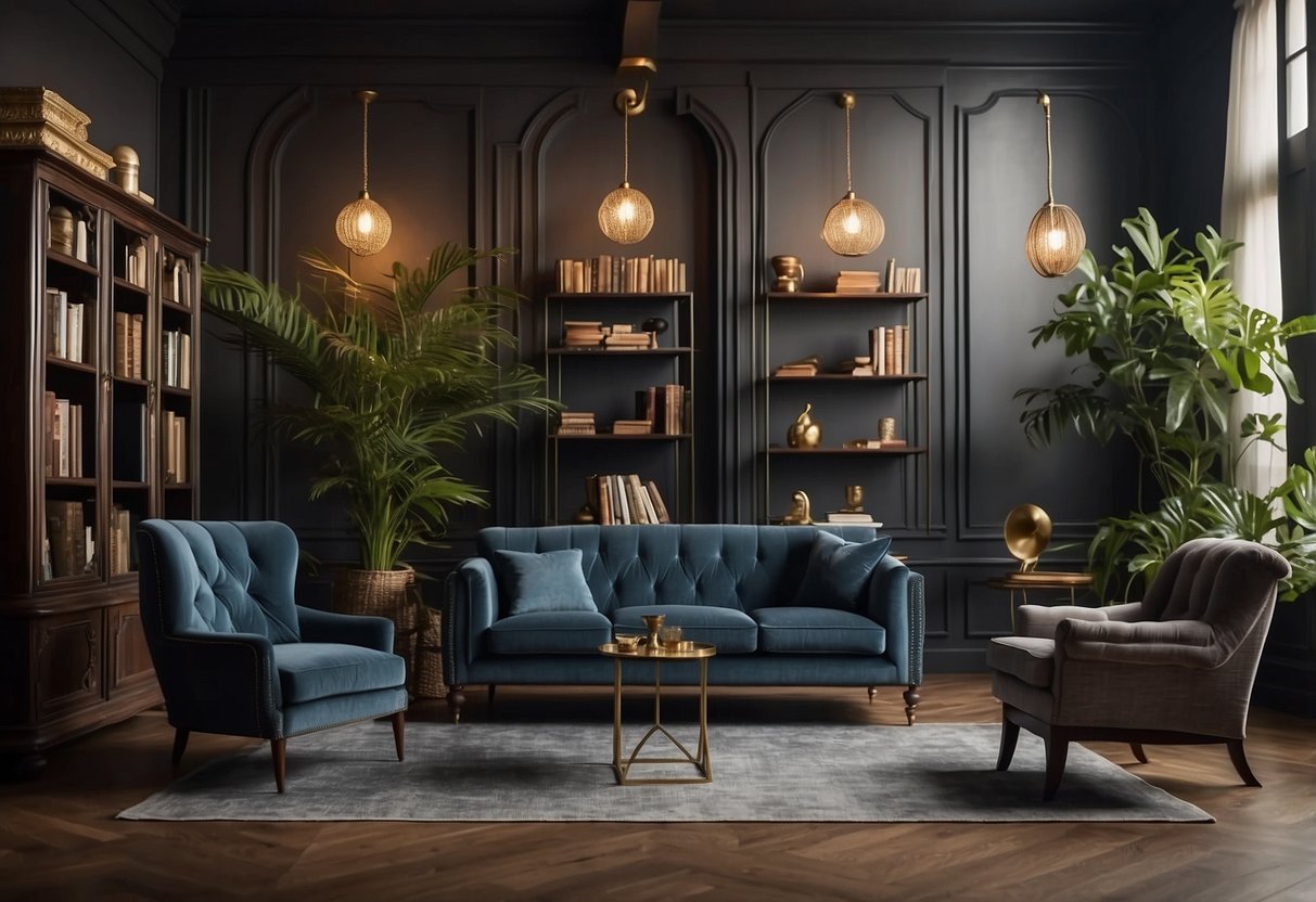 A room with various furniture styles: a sleek modern sofa, a vintage wooden table, a classic Victorian armchair, and a minimalist metal bookshelf