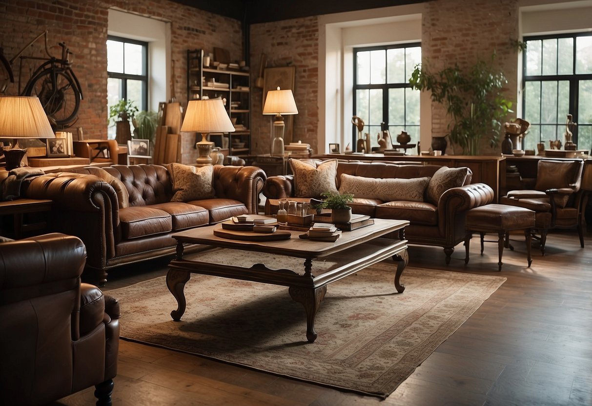 A room with various furniture styles displayed, including modern, vintage, and traditional pieces. Labels and arrows point to each item, indicating their style