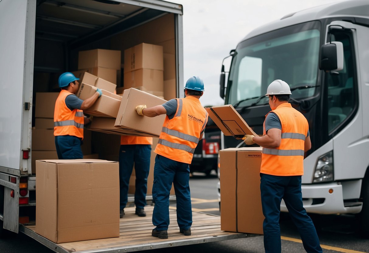 Furniture being loaded onto a truck with movers organizing and securing items for transport in Singapore