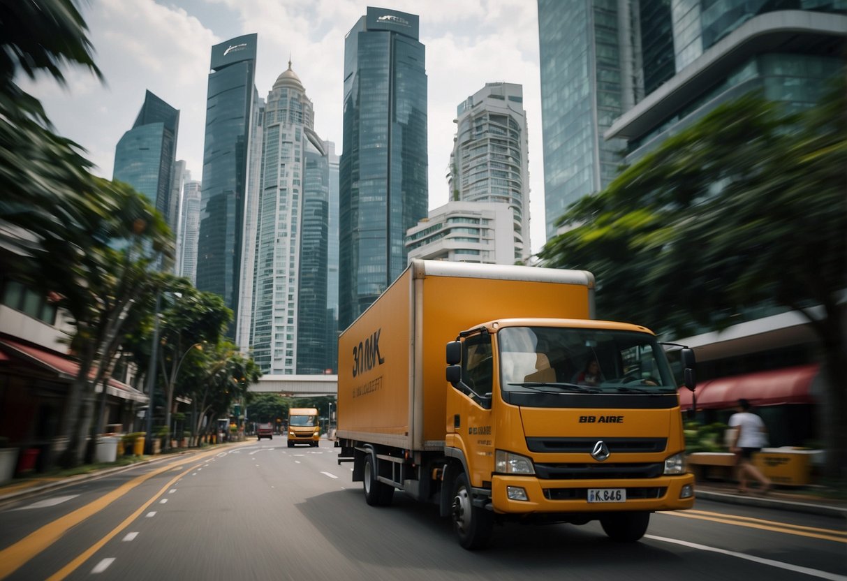 A moving truck loaded with furniture drives through a bustling city street in Singapore. Cranes and skyscrapers loom in the background, emphasizing the urban setting